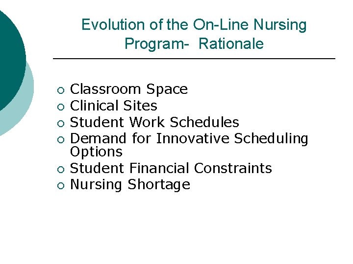 Evolution of the On-Line Nursing Program- Rationale ¡ ¡ ¡ Classroom Space Clinical Sites