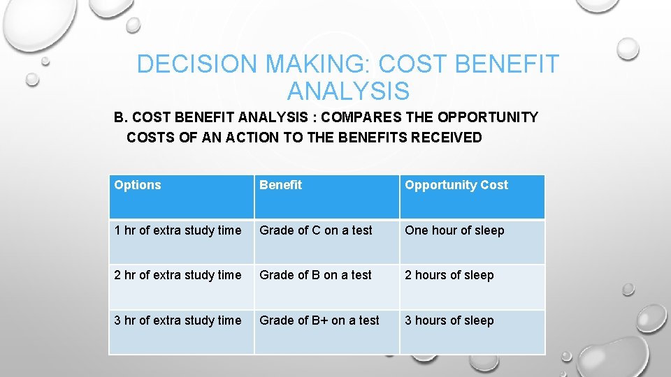 DECISION MAKING: COST BENEFIT ANALYSIS B. COST BENEFIT ANALYSIS : COMPARES THE OPPORTUNITY COSTS