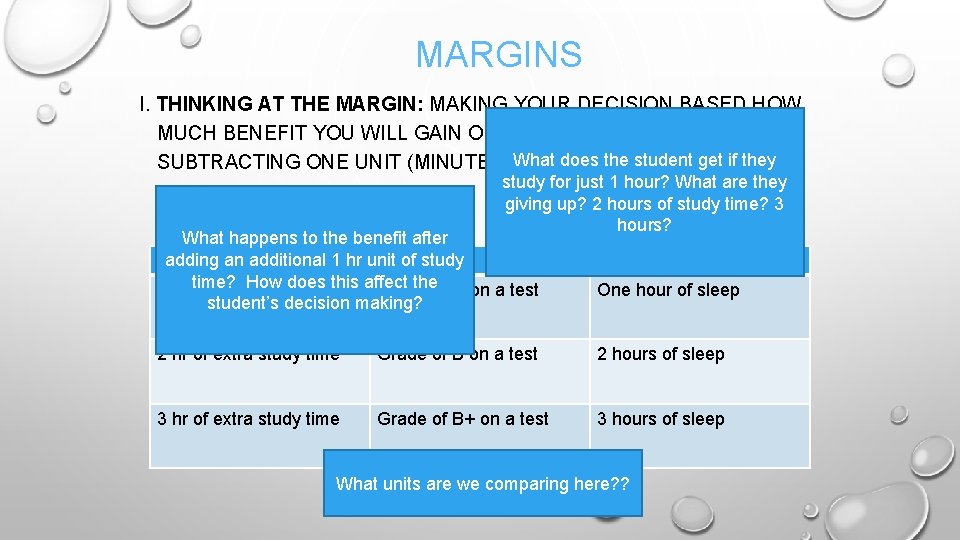MARGINS I. THINKING AT THE MARGIN: MAKING YOUR DECISION BASED HOW MUCH BENEFIT YOU