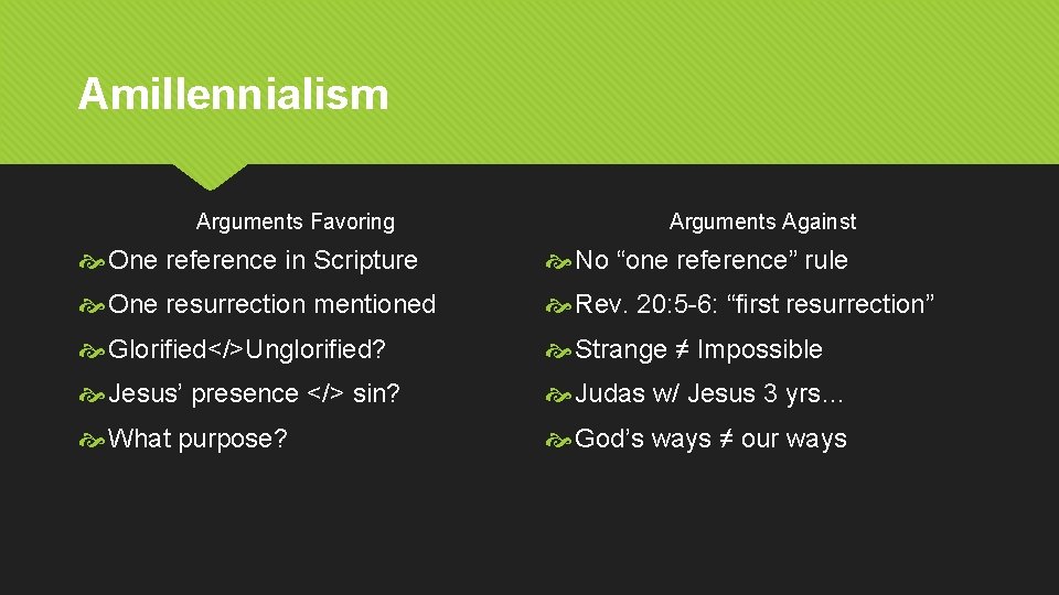 Amillennialism Arguments Favoring Arguments Against One reference in Scripture No “one reference” rule One