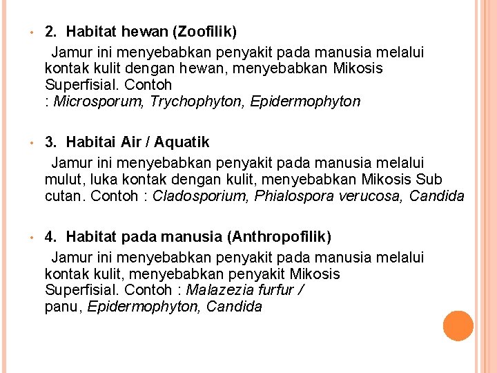  • 2. Habitat hewan (Zoofilik) Jamur ini menyebabkan penyakit pada manusia melalui kontak