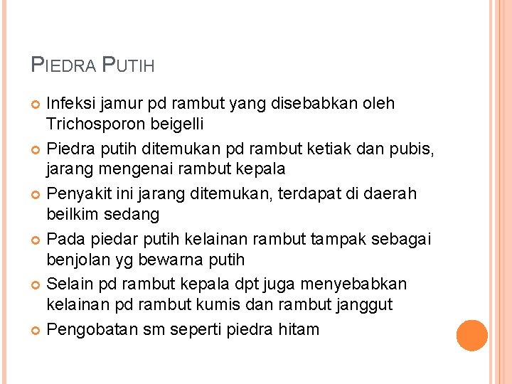 PIEDRA PUTIH Infeksi jamur pd rambut yang disebabkan oleh Trichosporon beigelli Piedra putih ditemukan