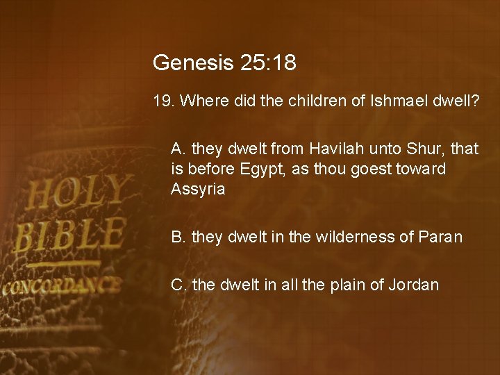 Genesis 25: 18 19. Where did the children of Ishmael dwell? A. they dwelt