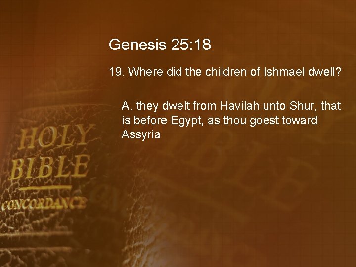 Genesis 25: 18 19. Where did the children of Ishmael dwell? A. they dwelt