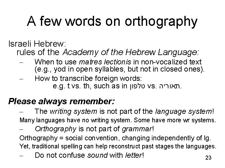 A few words on orthography Israeli Hebrew: rules of the Academy of the Hebrew