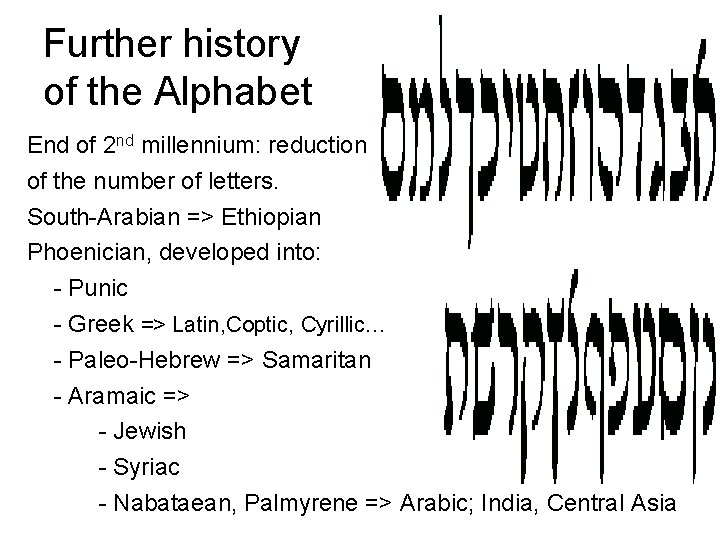 Further history of the Alphabet End of 2 nd millennium: reduction of the number