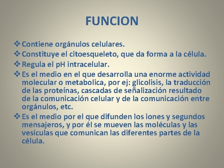 FUNCION v Contiene orgánulos celulares. v Constituye el citoesqueleto, que da forma a la