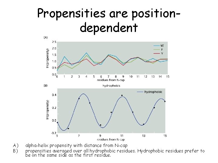 Propensities are positiondependent A) B) alpha-helix propensity with distance from N-cap propensities averaged over