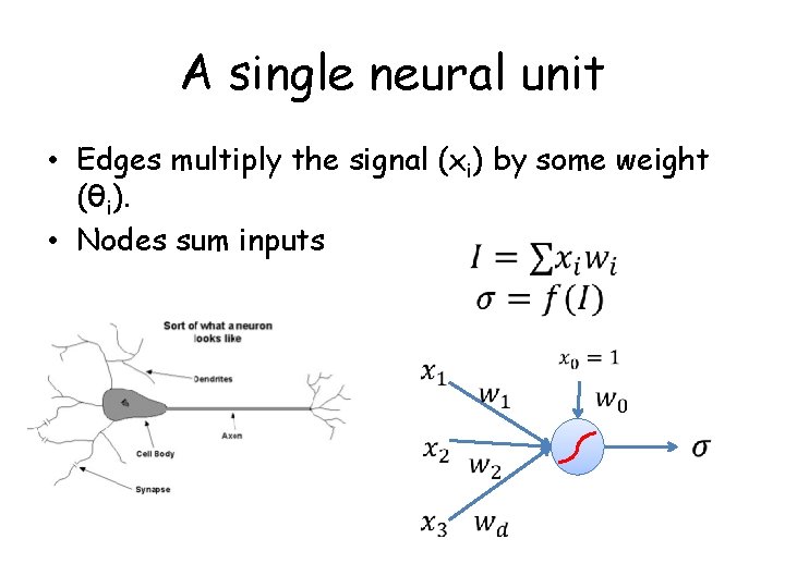 A single neural unit • Edges multiply the signal (xi) by some weight (θi).