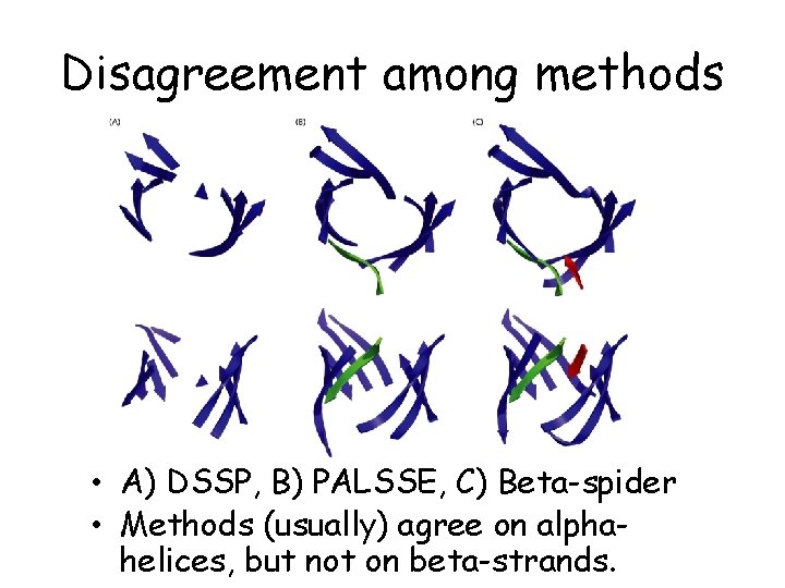 Disagreement among methods • A) DSSP, B) PALSSE, C) Beta-spider • Methods (usually) agree