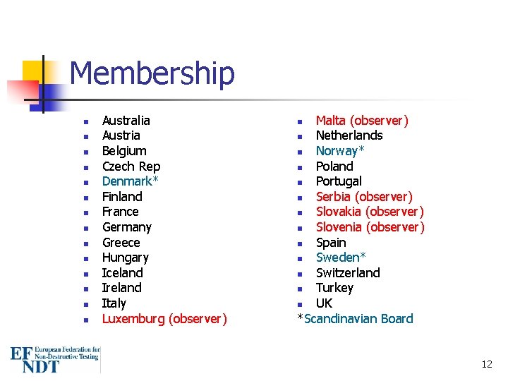 Membership n n n n Australia Austria Belgium Czech Rep Denmark* Finland France Germany