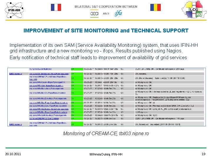 IMPROVEMENT of SITE MONITORING and TECHNICAL SUPPORT Implementation of its own SAM (Service Availability