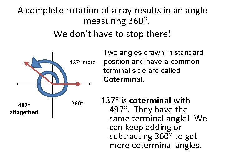 A complete rotation of a ray results in an angle measuring 360. We don’t