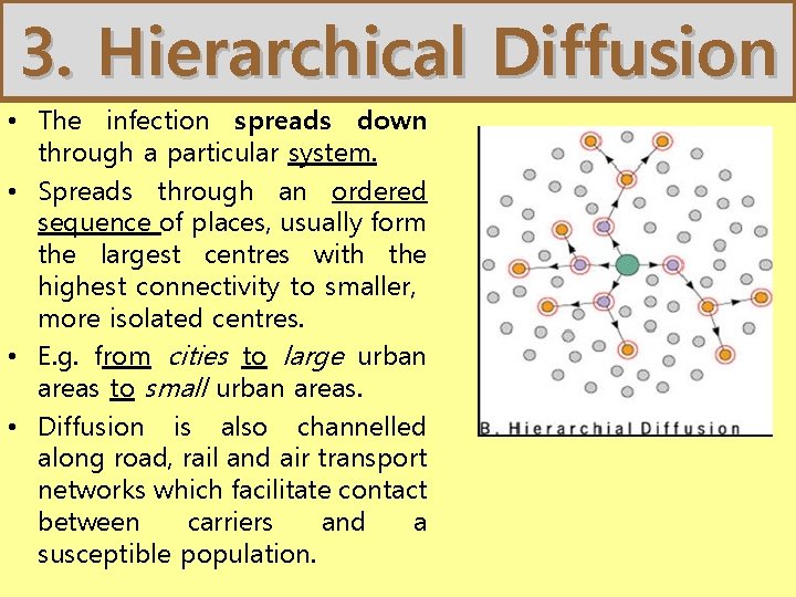 3. Hierarchical Diffusion • The infection spreads down through a particular system. • Spreads