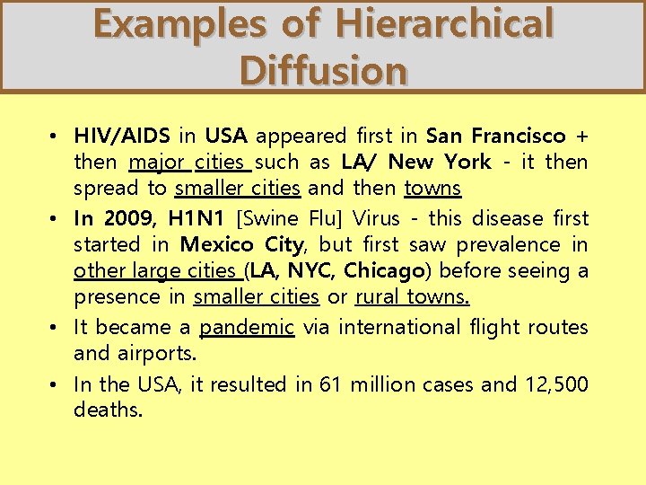 Examples of Hierarchical Diffusion • HIV/AIDS in USA appeared first in San Francisco +