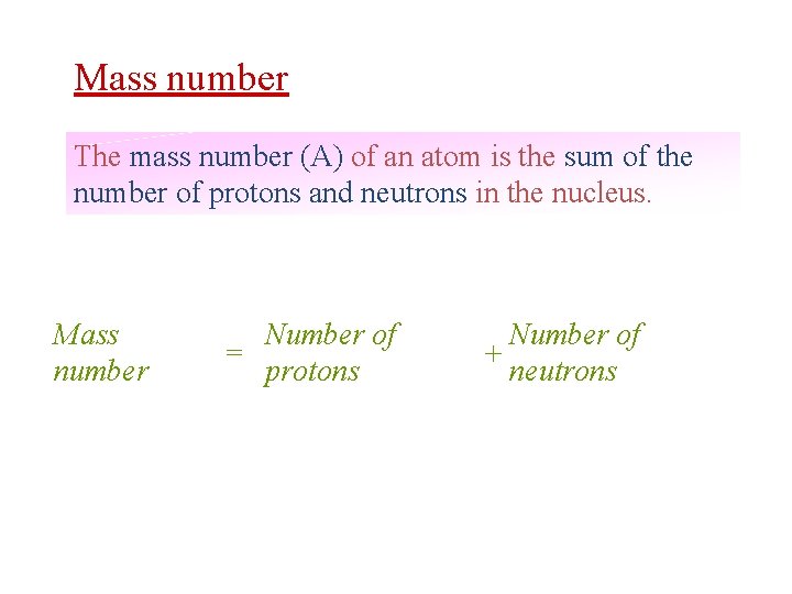 Mass number The mass number (A) of an atom is the sum of the