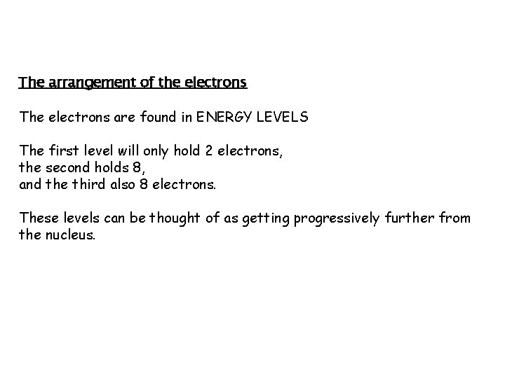The arrangement of the electrons The electrons are found in ENERGY LEVELS The first