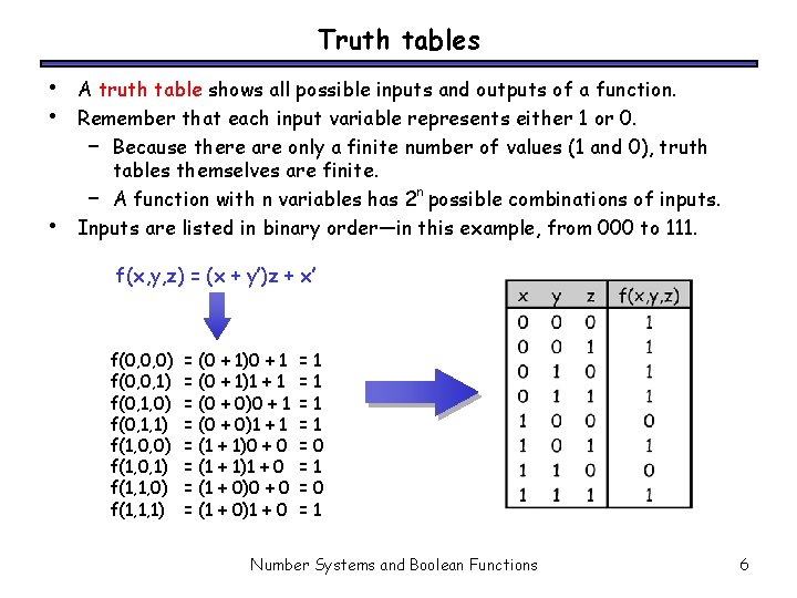 Truth tables • • • A truth table shows all possible inputs and outputs