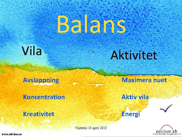 Balans Vila - Avslappning Maximera nuet Koncentration Aktiv vila Kreativitet Energi Västerås 18 april