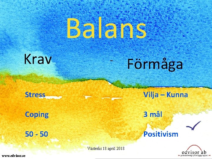 Balans Krav - Förmåga Stress Vilja – Kunna Coping 3 mål 50 - 50