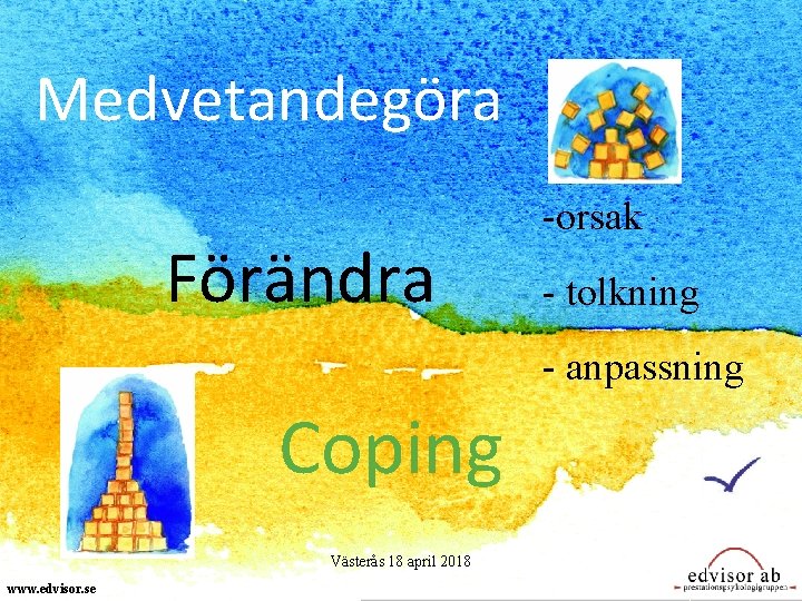 Medvetandegöra Förändra -orsak - tolkning - anpassning Coping Västerås 18 april 2018 www. edvisor.