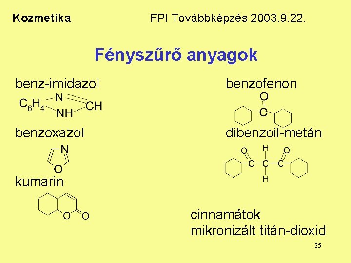 Kozmetika FPI Továbbképzés 2003. 9. 22. Fényszűrő anyagok benz-imidazol benzofenon benzoxazol dibenzoil-metán kumarin cinnamátok