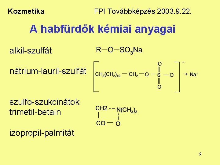 Kozmetika FPI Továbbképzés 2003. 9. 22. A habfürdők kémiai anyagai alkil-szulfát nátrium-lauril-szulfát szulfo-szukcinátok trimetil-betain