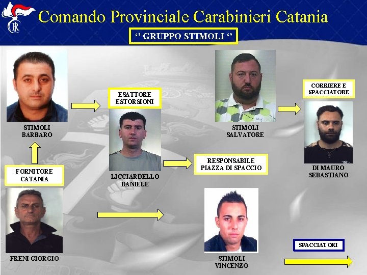 Comando Provinciale Carabinieri Catania ‘’ GRUPPO STIMOLI ‘’ CORRIERE E SPACCIATORE ESATTORE ESTORSIONI STIMOLI Comando Provinciale Carabinieri Catania ‘’ GRUPPO STIMOLI ‘’ CORRIERE E SPACCIATORE ESATTORE ESTORSIONI STIMOLI