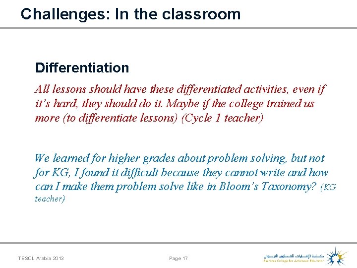 Challenges: In the classroom Differentiation All lessons should have these differentiated activities, even if