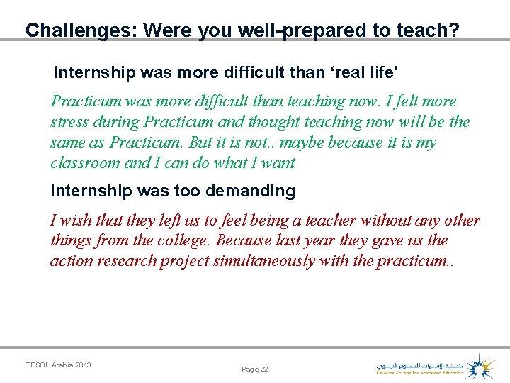 Challenges: Were you well-prepared to teach? Internship was more difficult than ‘real life’ Practicum