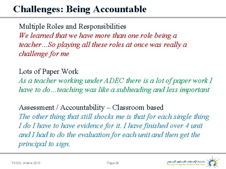 Challenges: Being Accountable Multiple Roles and Responsibilities We learned that we have more than