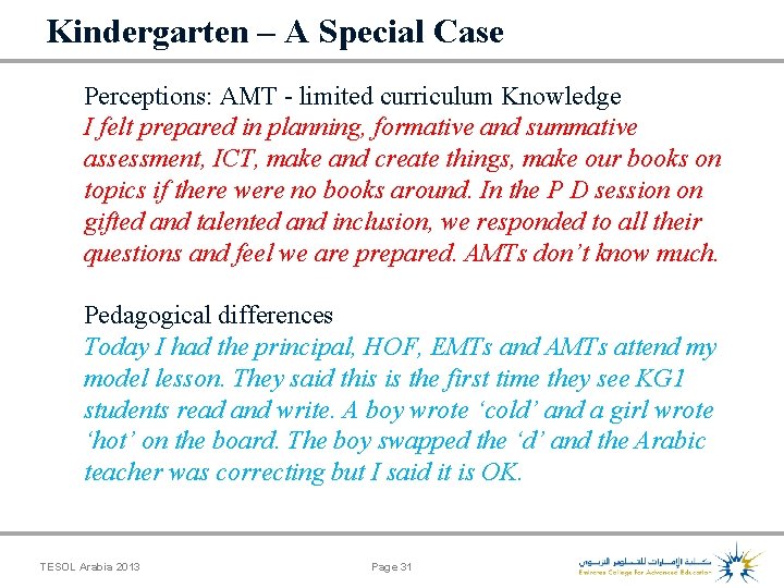 Kindergarten – A Special Case Perceptions: AMT - limited curriculum Knowledge I felt prepared