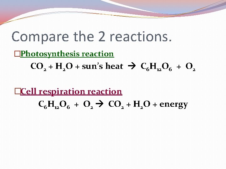 Compare the 2 reactions. �Photosynthesis reaction CO 2 + H 2 O + sun’s