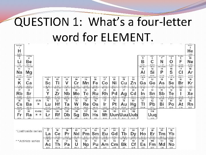 QUESTION 1: What’s a four-letter word for ELEMENT. 