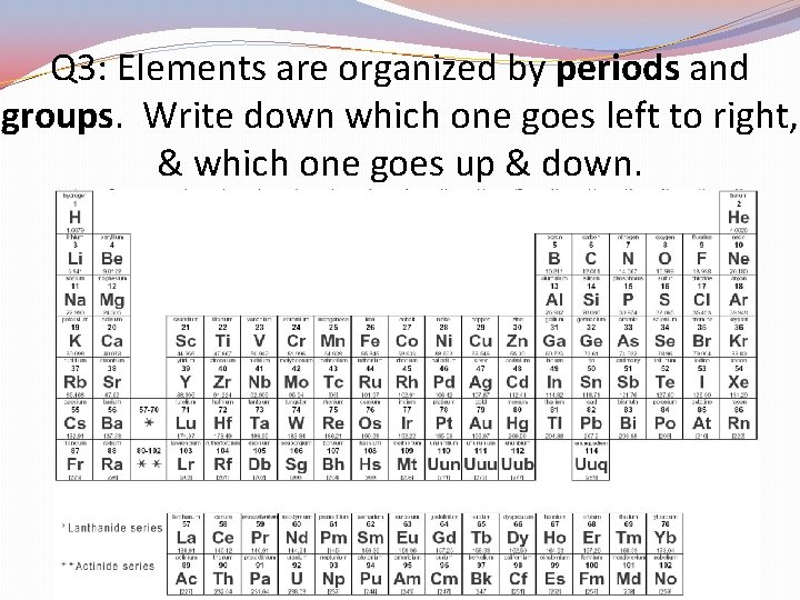 Q 3: Elements are organized by periods and groups. Write down which one goes