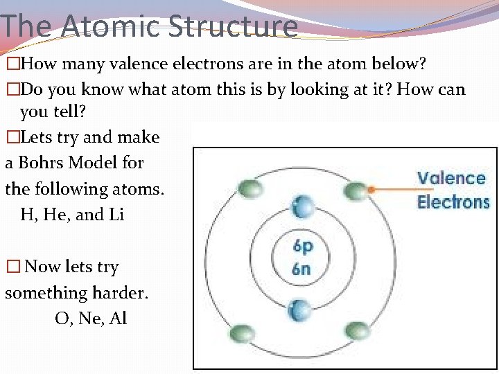 The Atomic Structure �How many valence electrons are in the atom below? �Do you