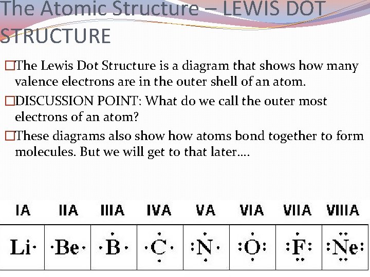 The Atomic Structure – LEWIS DOT STRUCTURE �The Lewis Dot Structure is a diagram