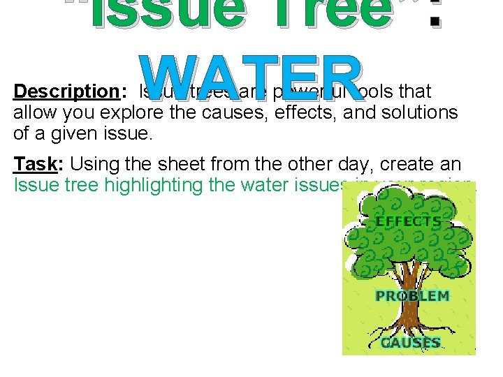 “Issue Tree”: WATER Description: Issue trees are powerful tools that allow you explore the