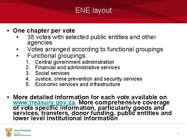 ENE layout • One chapter per vote • 38 votes with selected public entities