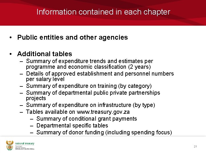 Information contained in each chapter • Public entities and other agencies • Additional tables