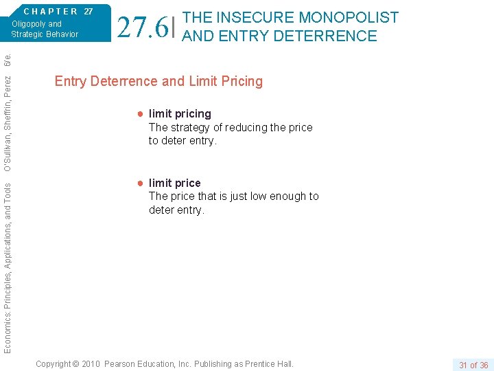 27. 6 THE INSECURE MONOPOLIST AND ENTRY DETERRENCE Economics: Principles, Applications, and Tools O’Sullivan,