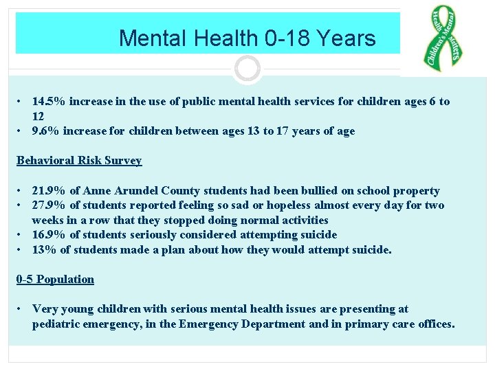 Mental Health 0 -18 Years • 14. 5% increase in the use of public