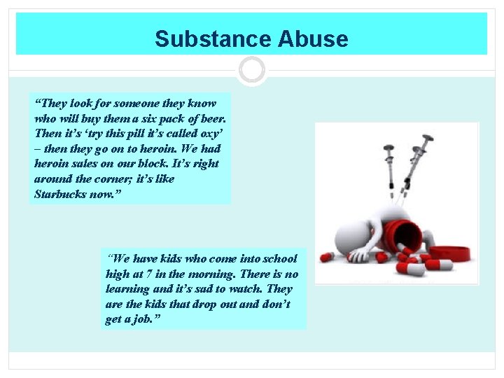 Substance Abuse “They look for someone they know who will buy them a six