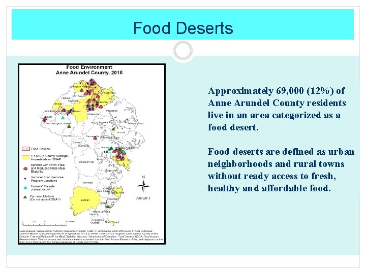 Food Deserts Approximately 69, 000 (12%) of Anne Arundel County residents live in an