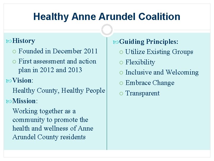 Healthy Anne Arundel Coalition History Founded in December 2011 First assessment and action plan