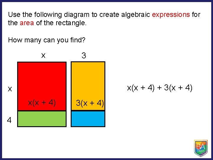Use the following diagram to create algebraic expressions for the area of the rectangle.