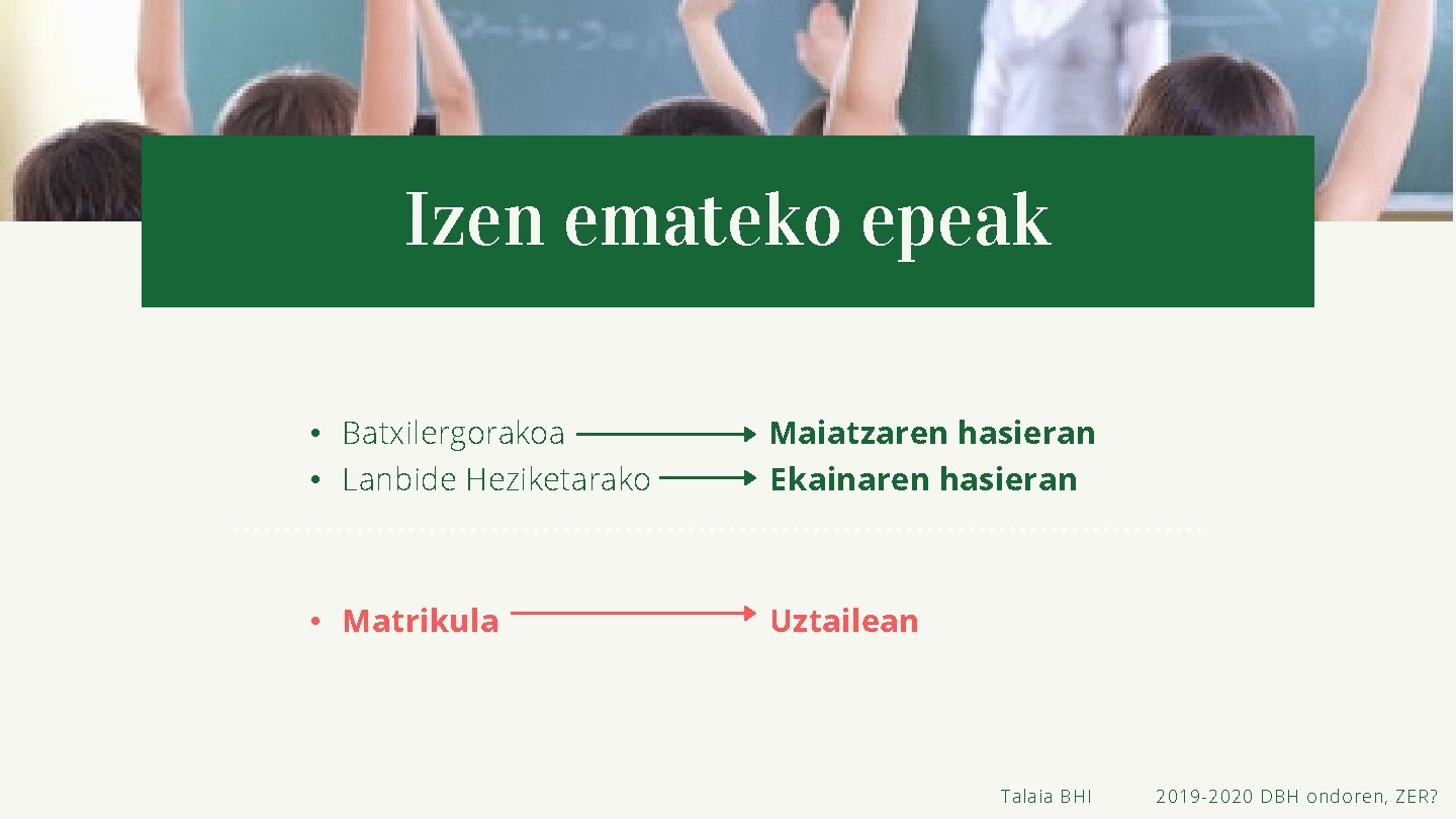 Izen emateko epeak • Batxilergorakoa • Lanbide Heziketarako Maiatzaren hasieran Ekainaren hasieran • Matrikula