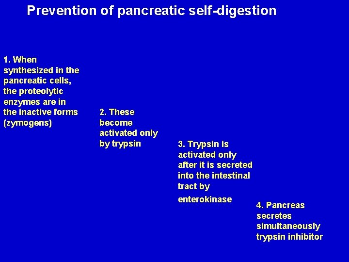 Prevention of pancreatic self-digestion 1. When synthesized in the pancreatic cells, the proteolytic enzymes