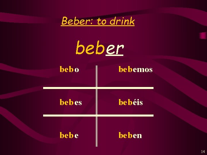 Beber: to drink beber beb o beb emos beb es beb éis beb en