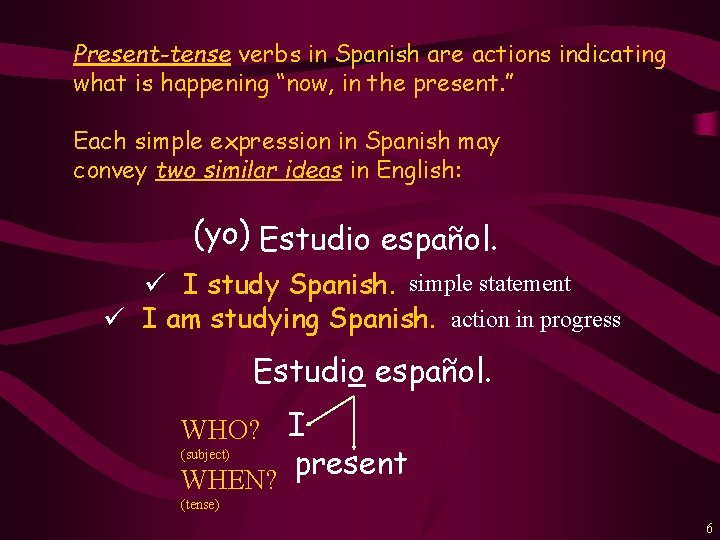 Present-tense verbs in Spanish are actions indicating what is happening “now, in the present.